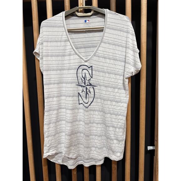 Genuine Merchandise Seattle Mariners Top Women Large White Blue V Neck Striped - Picture 1 of 7